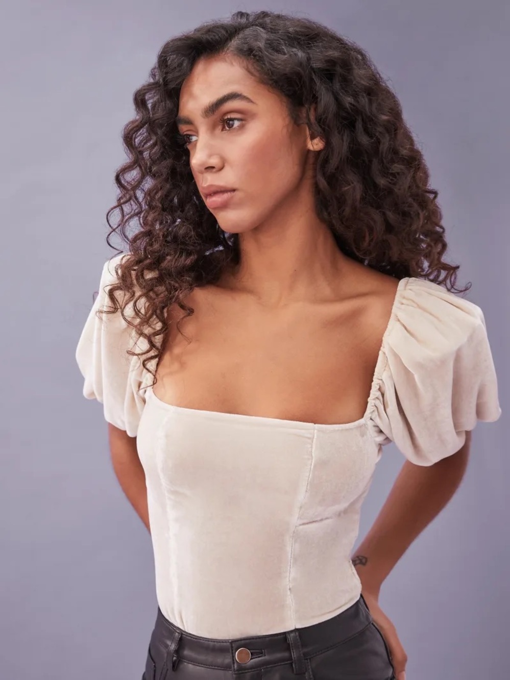 Reformation Luka Cream Velvet Puff Sleeve Square Neck Bodysuit